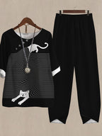 Fun Cat Print Casual Two Piece Set