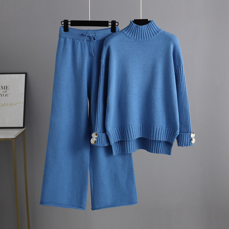 Knitted Women Casual Wide Leg Pants Two Piece Set Loose Button Design Pullover And Drawstring Trouser Ladies Suit Winter Fashion