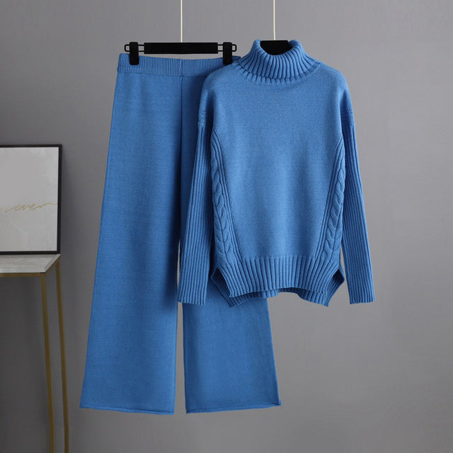 Knitted Women Casual Wide Leg Pants Two Piece Set Loose Button Design Pullover And Drawstring Trouser Ladies Suit Winter Fashion