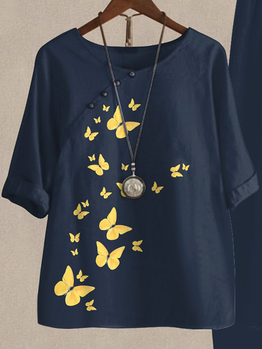 Hot Stamped Butterfly Print Casual Two Piece Set