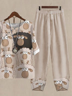 Many Cute Sheep Print Top And Pants Two-piece Suits