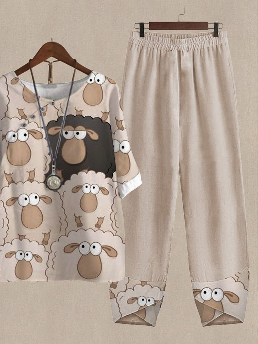 Many Cute Sheep Print Top And Pants Two-piece Suits