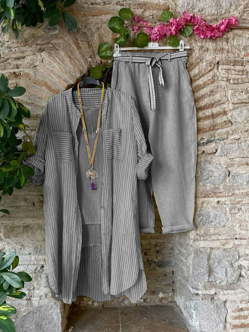 Casual Top And Pants With Stripe Cardigan Three-piece Set