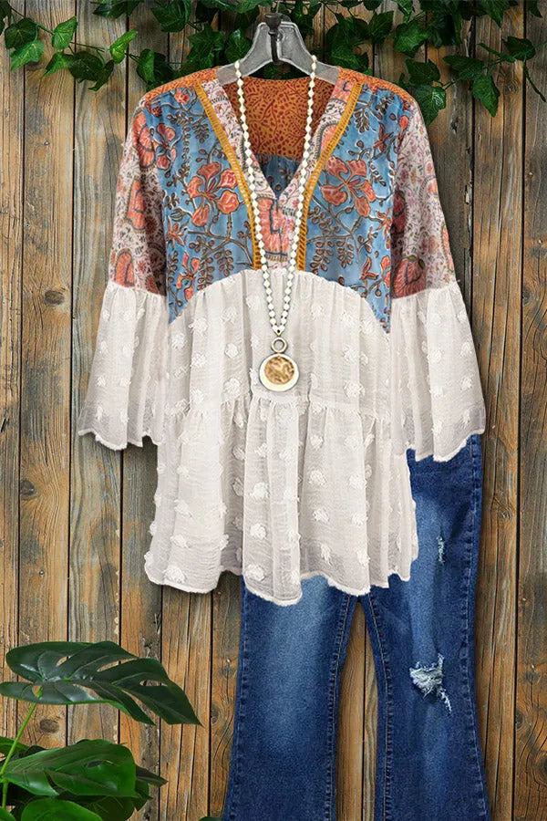 Flower Printed Panel Ruffled Crinkled Textured Top