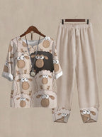 Many Cute Sheep Print Top And Pants Two-piece Suits