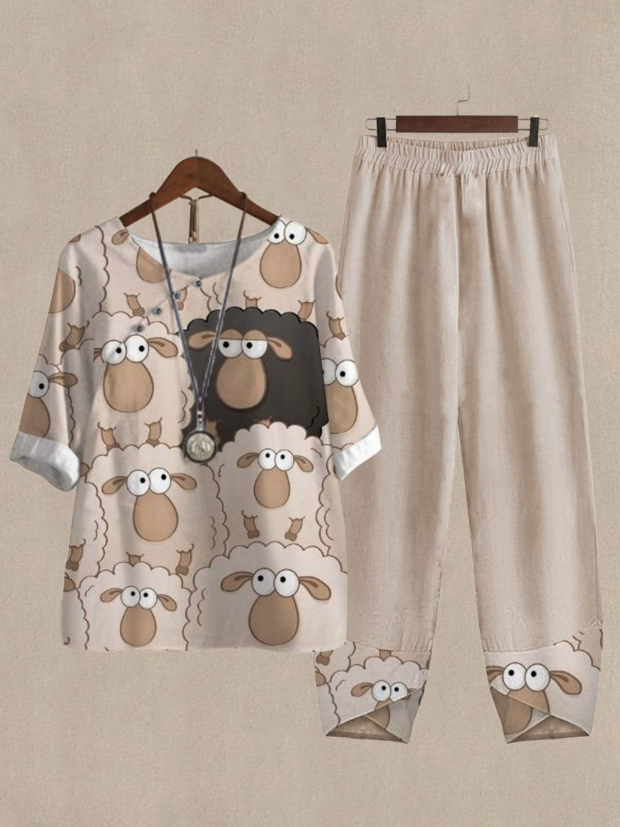 Many Cute Sheep Print Top And Pants Two-piece Suits