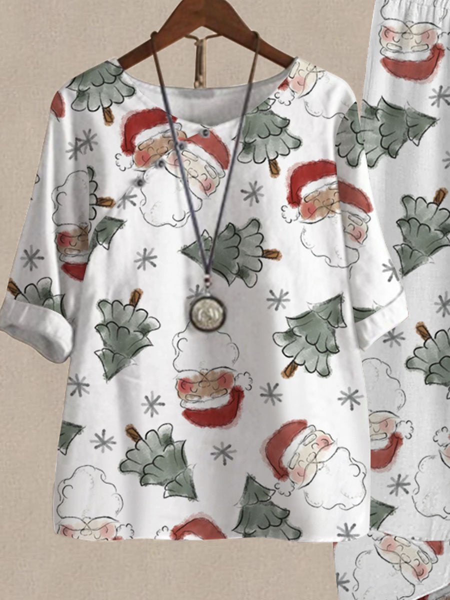 Cute Cartoon Santa Claus Print Casual Two Piece Suits