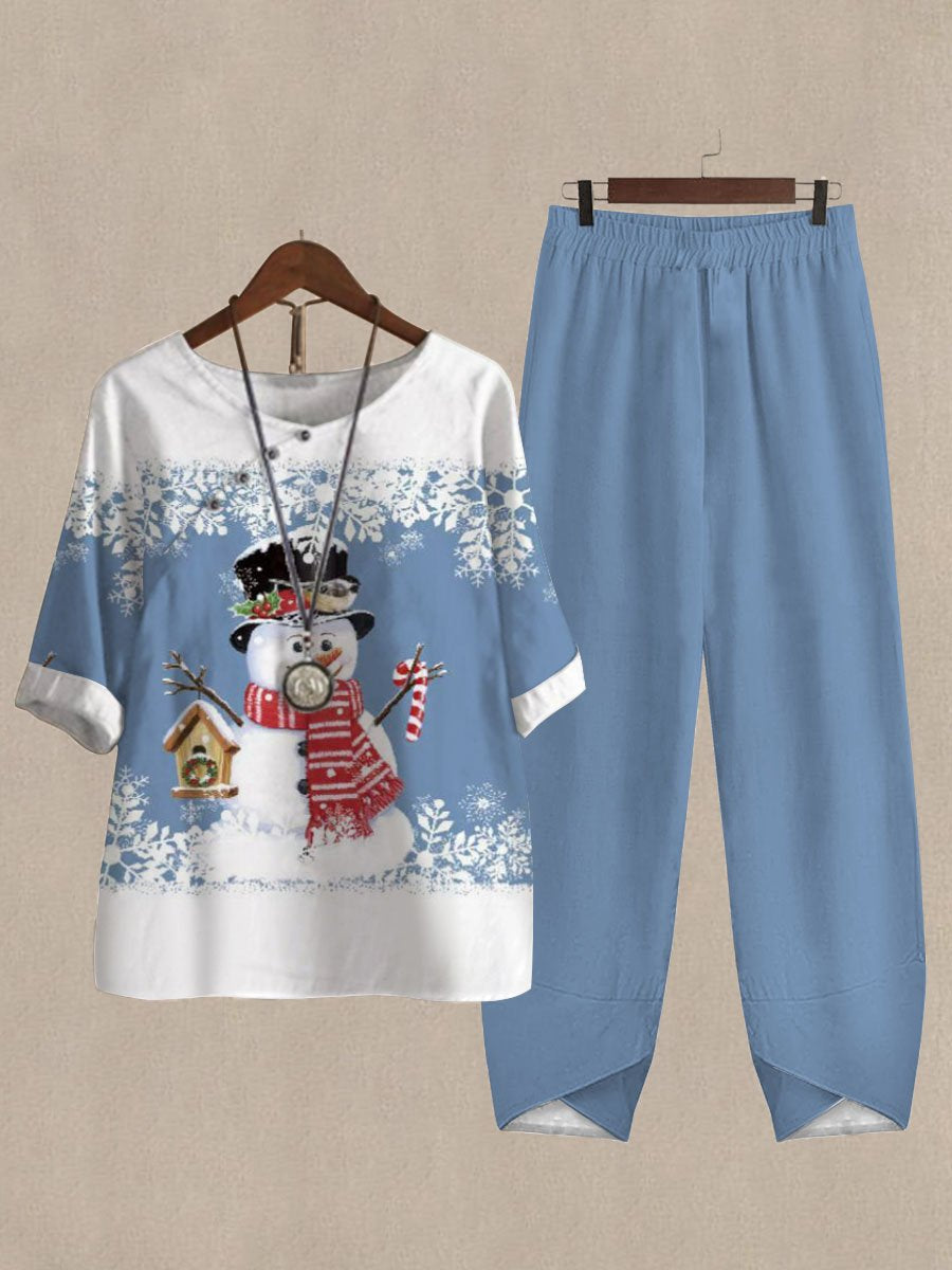 Christmas Cartoon Snowman Print Casual Two Piece Set