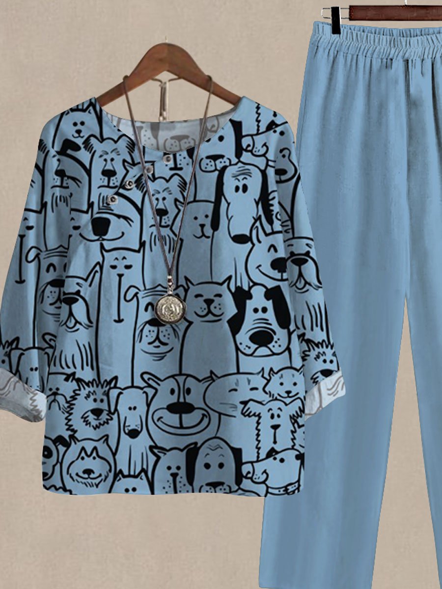 Spring and Autumn Cute Dog Print Long Sleeve Two Piece Suits
