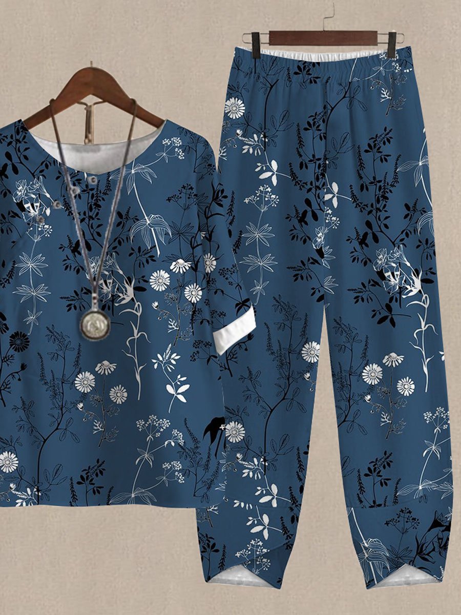 Botanical Floral Print Top And Pants Two-piece Suits