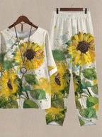 Vintage Sunflower Print Loose Fit Casual Two Piece Suits