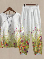 Oil Botanical Print Top And Pants Two-piece Suits