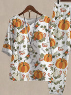 Halloween Pumpkin Print Loose Fit Casual Two Piece Suits