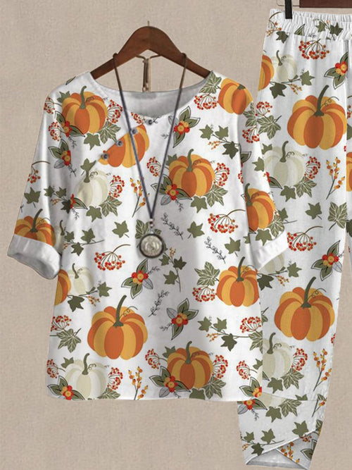 Halloween Pumpkin Print Loose Fit Casual Two Piece Suits