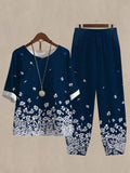 Linen Casual Women's Flower Print Two Pieces Set