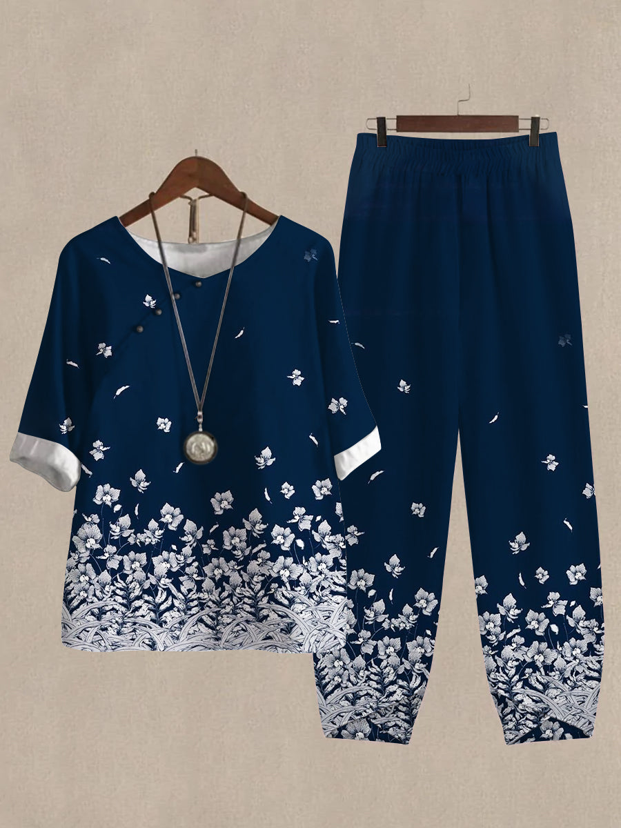Linen Casual Women's Flower Print Two Pieces Set