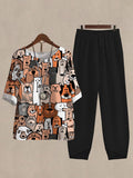 Cartoon Multicolor Cute Puppy Print Casual Two Piece Suits