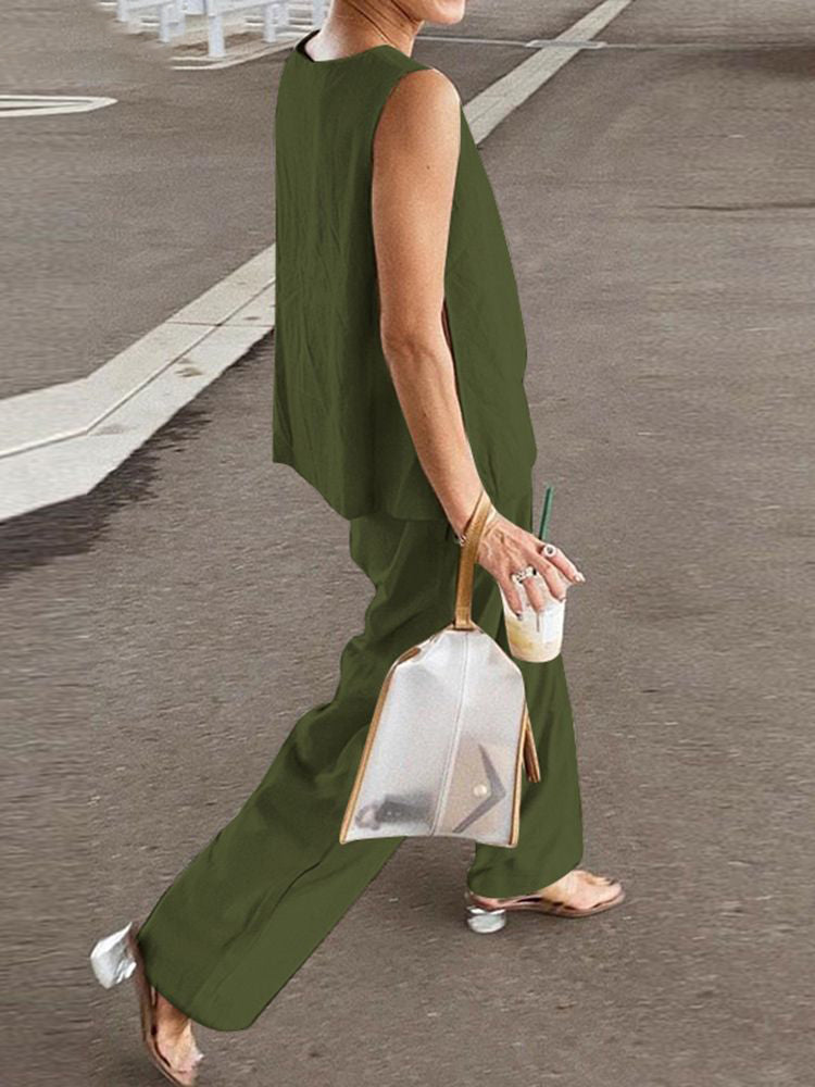 Sleeveless Top And Trousers Solid Color Set