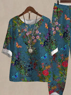 Butterfly Floral Print Top And Pants Two-piece Suits