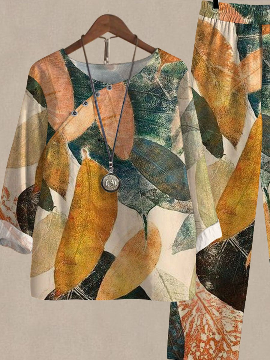 Spring and Autumn Oil Painting Leaf Print Casual Two-piece Suits