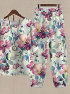 Watercolor Botanical Print Top And Pants Two-piece Suits