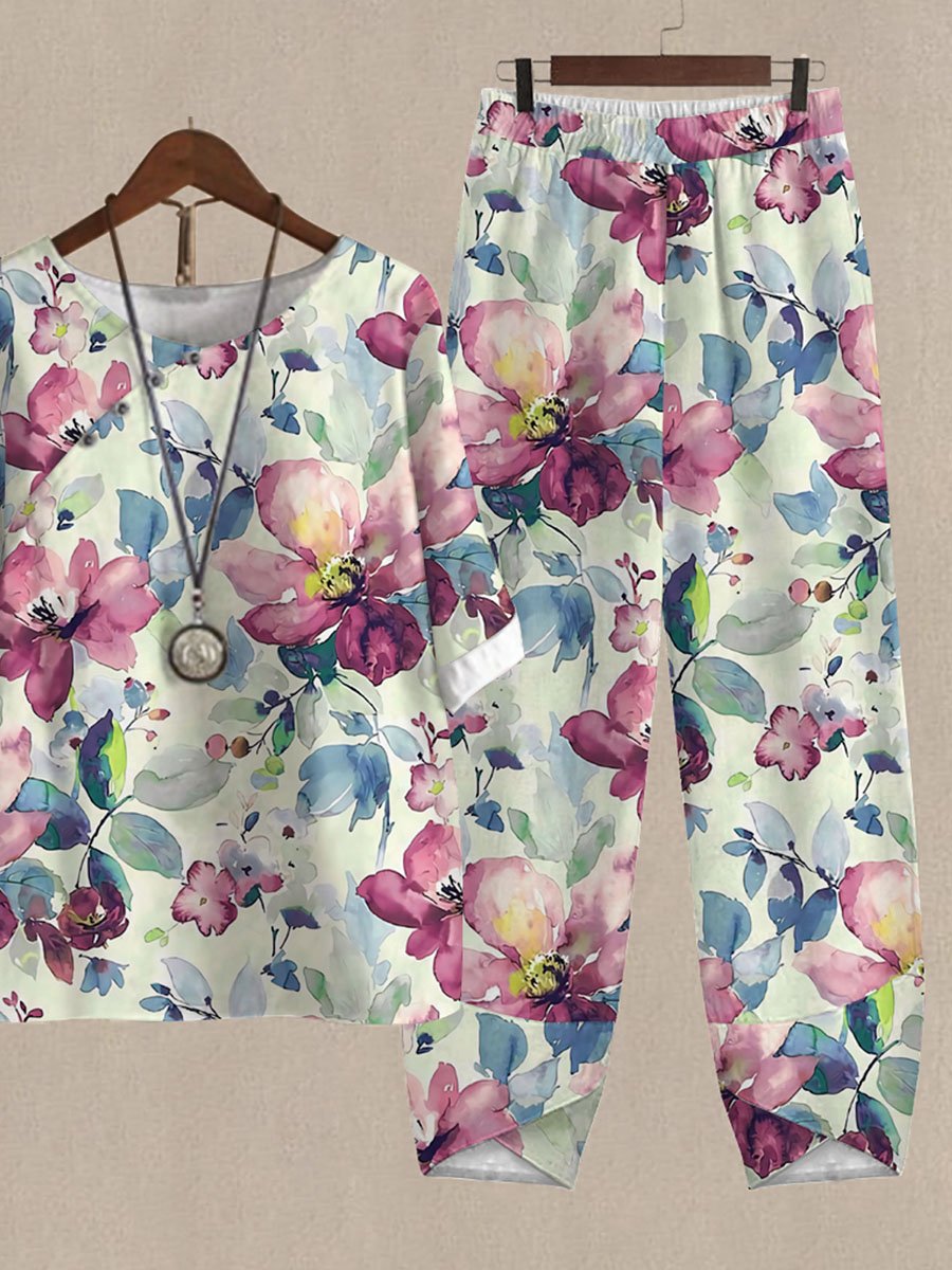Watercolor Botanical Print Top And Pants Two-piece Suits