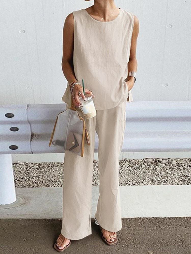 Sleeveless Top And Trousers Solid Color Set