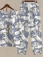 Cute Dachshund Print Top And Pants Two-piece Suits