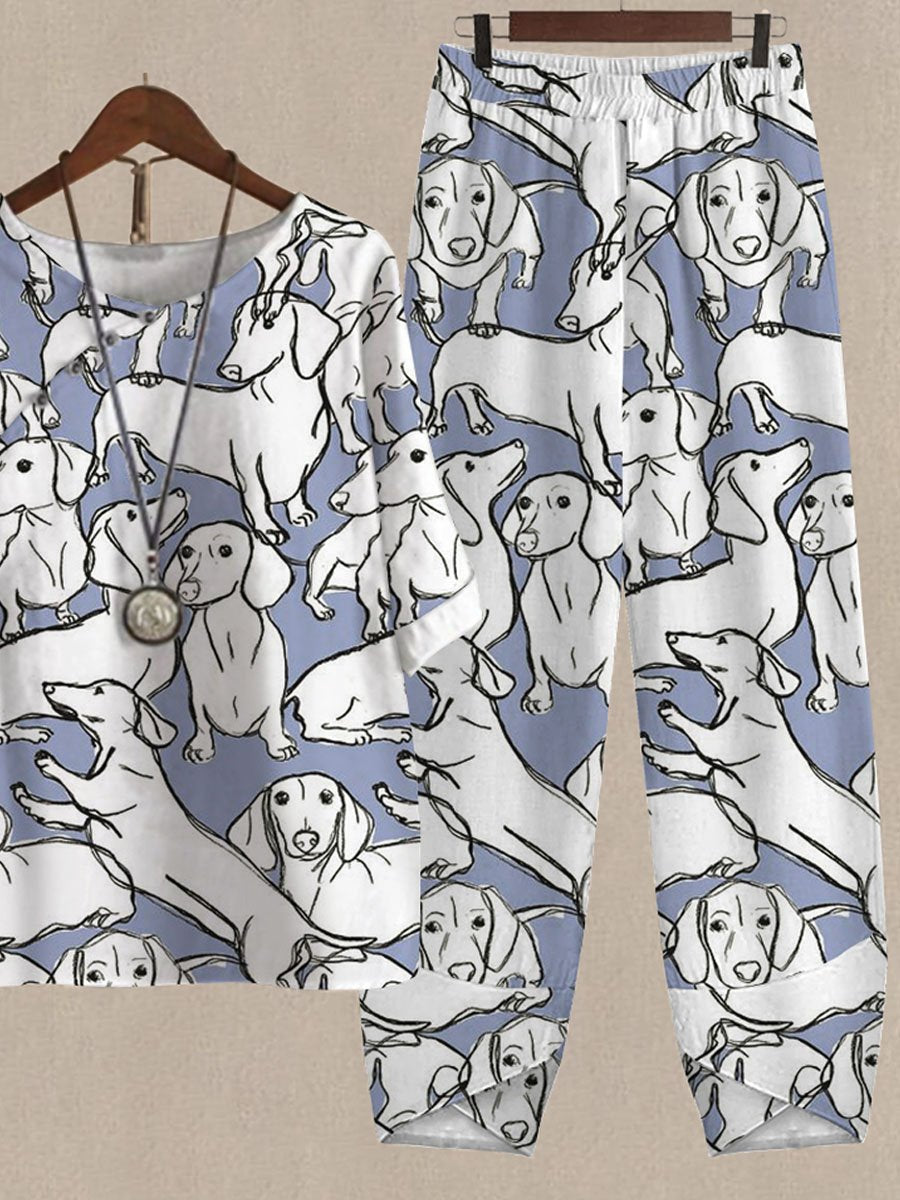 Cute Dachshund Print Top And Pants Two-piece Suits