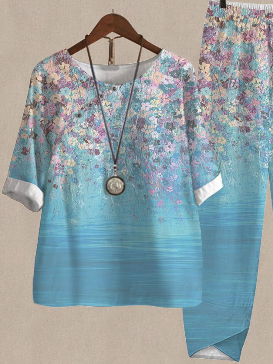 Oil Painting Floral Print Top And Pants Two-piece Suits