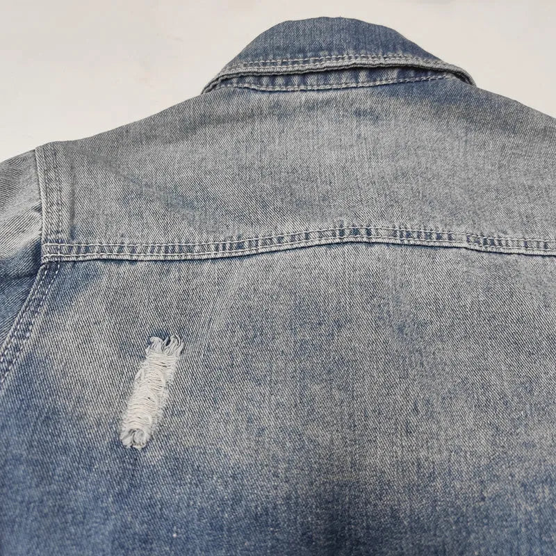 Ripped Holes Frayed Hem Denim Jacket