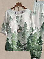 Forest Botanical Print Casual Two-piece Suits