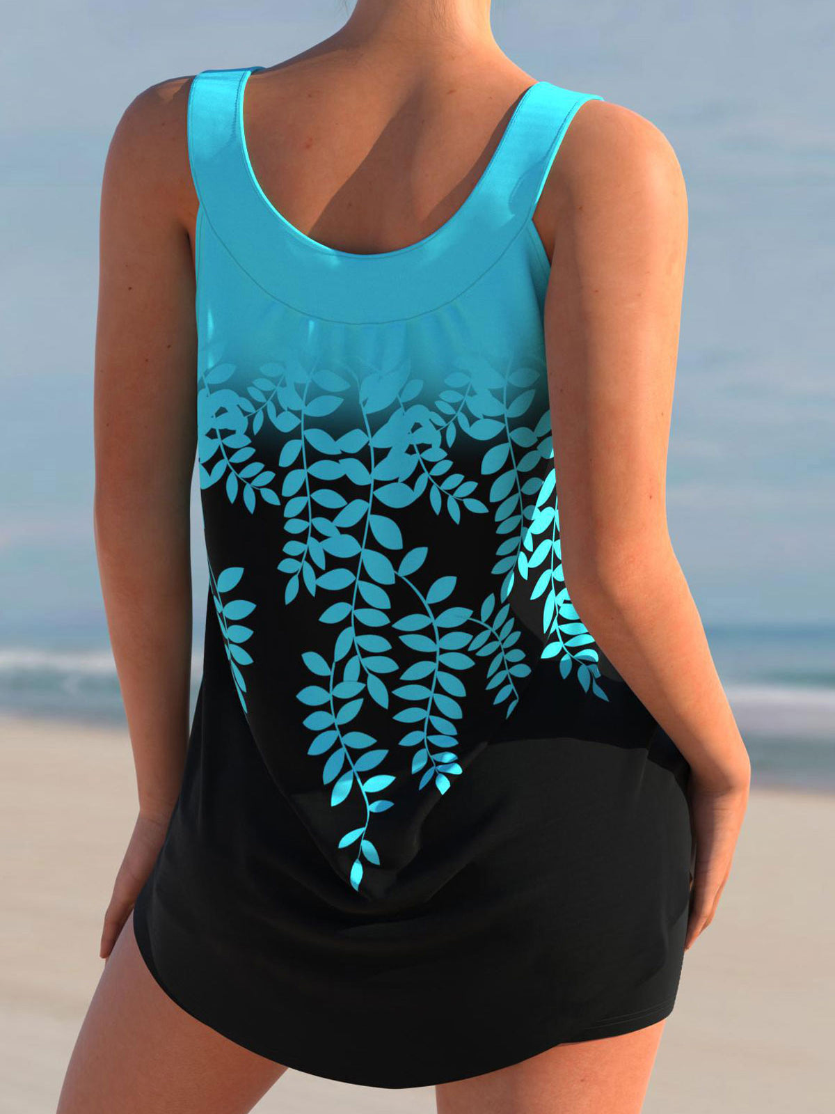 Leaf Print Ombre Color Block Tankini Set