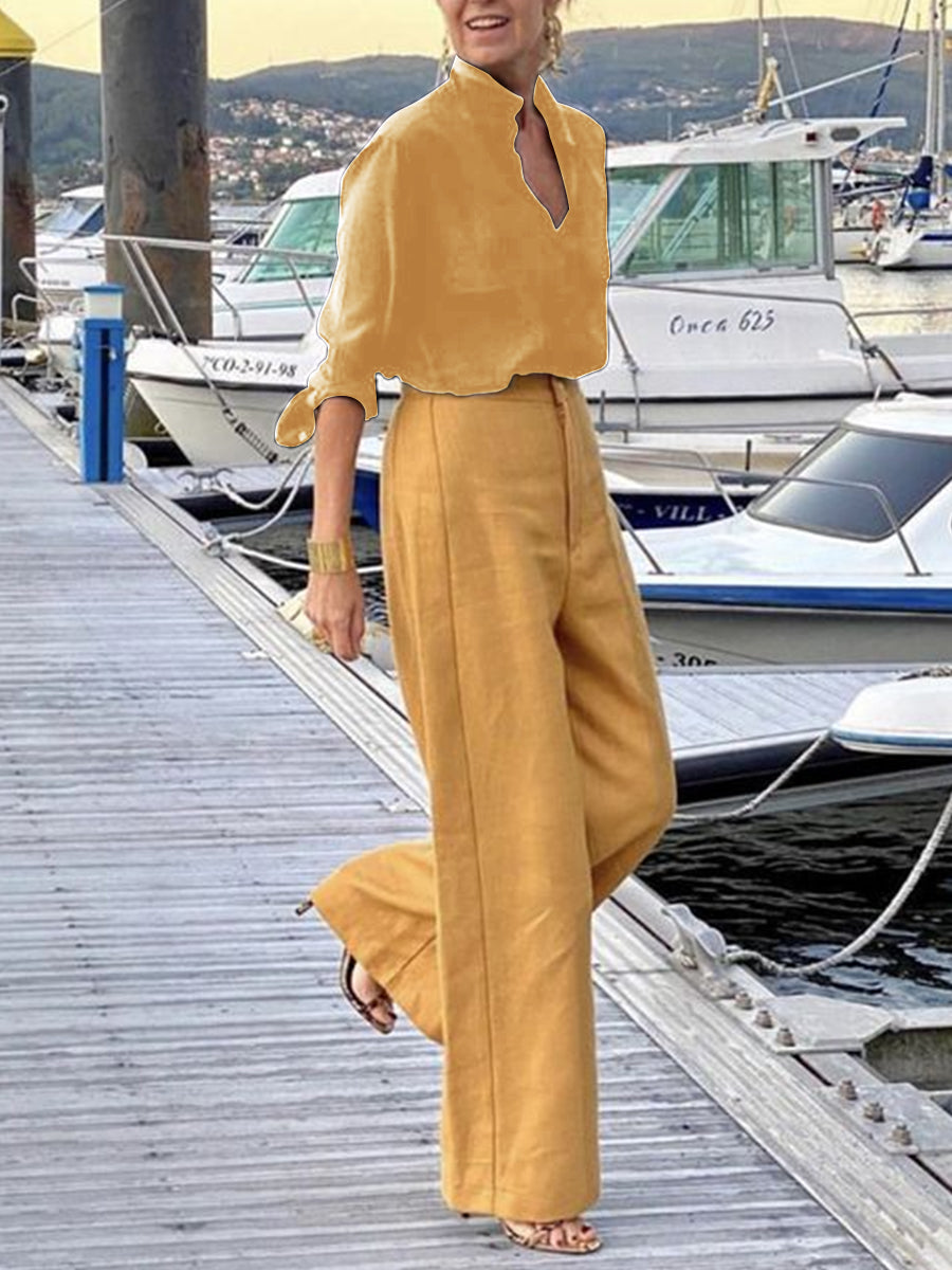 Elegant Solid Color V Neck Half Sleeve Top With Pants Set