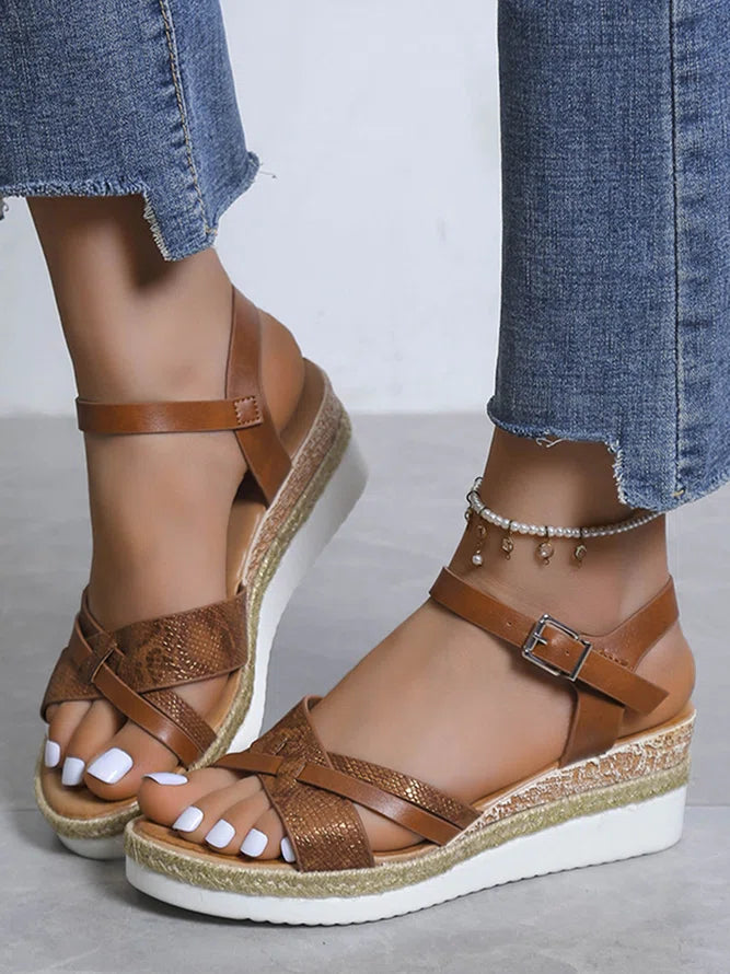 Snake Print Solid Boho Straw Wedge Sandals