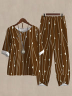 Vintage Line Print Casual Two Piece Suits