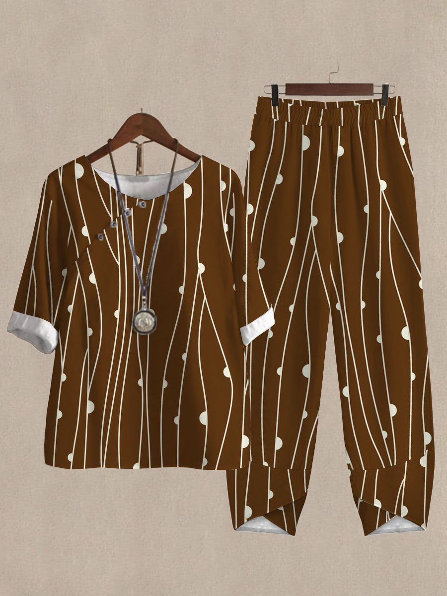 Vintage Line Print Casual Two Piece Suits