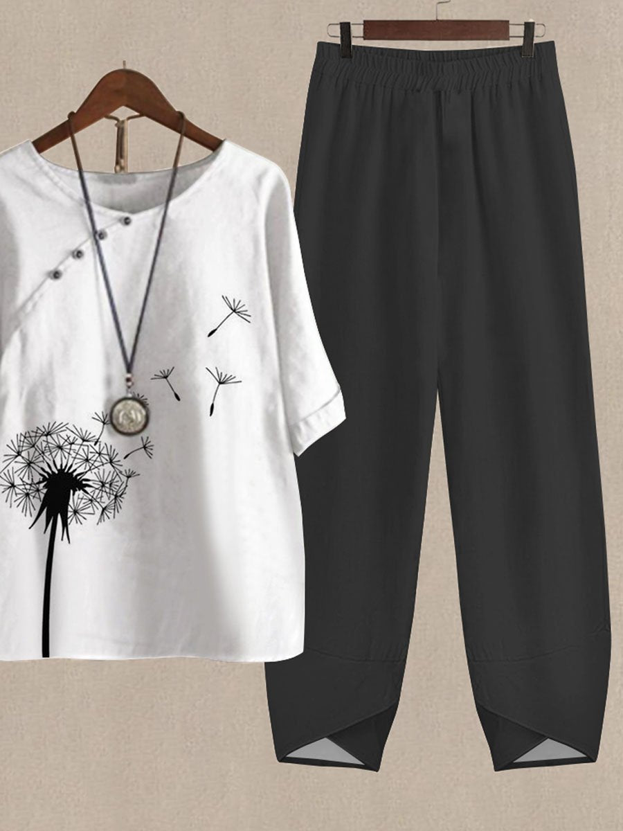Dandelion Print Casual Two Piece Set