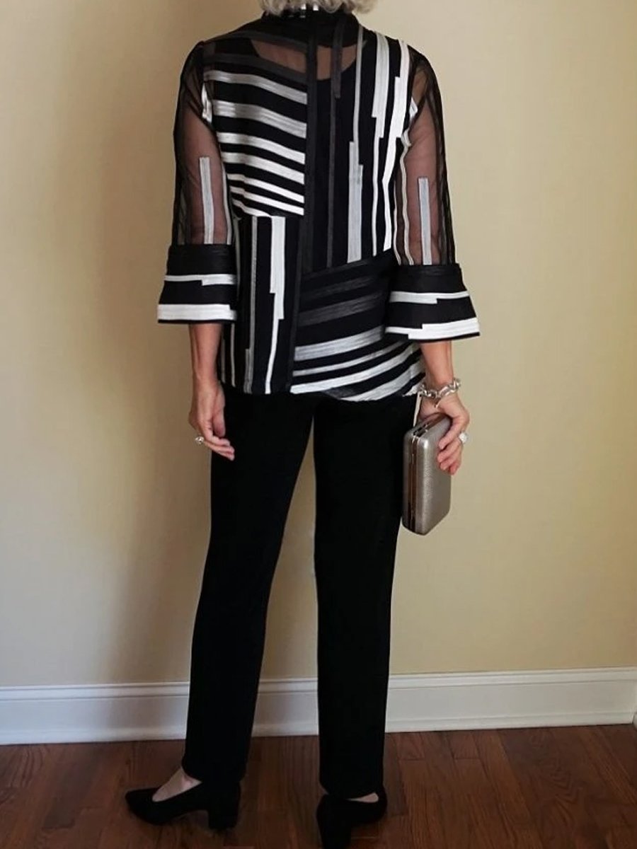 Women's Elegant Mixed Striped Shirt And Pants Suit