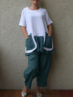 Cotton And Linen Short Sleeve Big Pocket Women's Suit