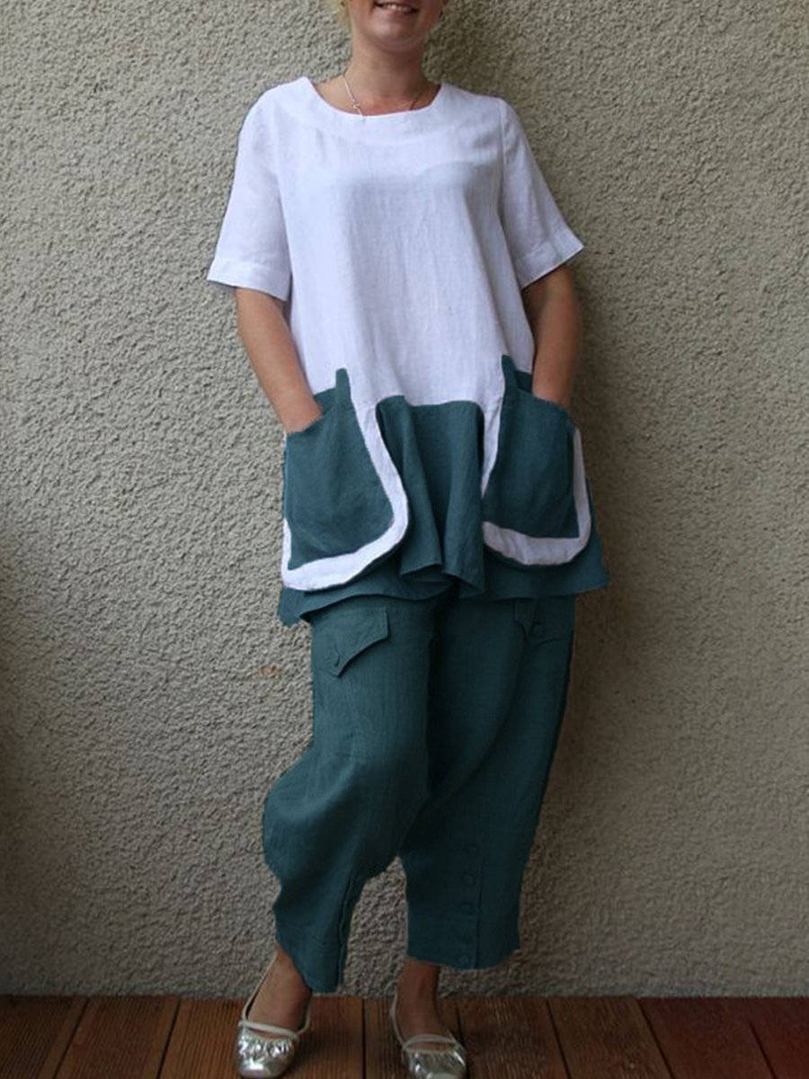Cotton And Linen Short Sleeve Big Pocket Women's Suit