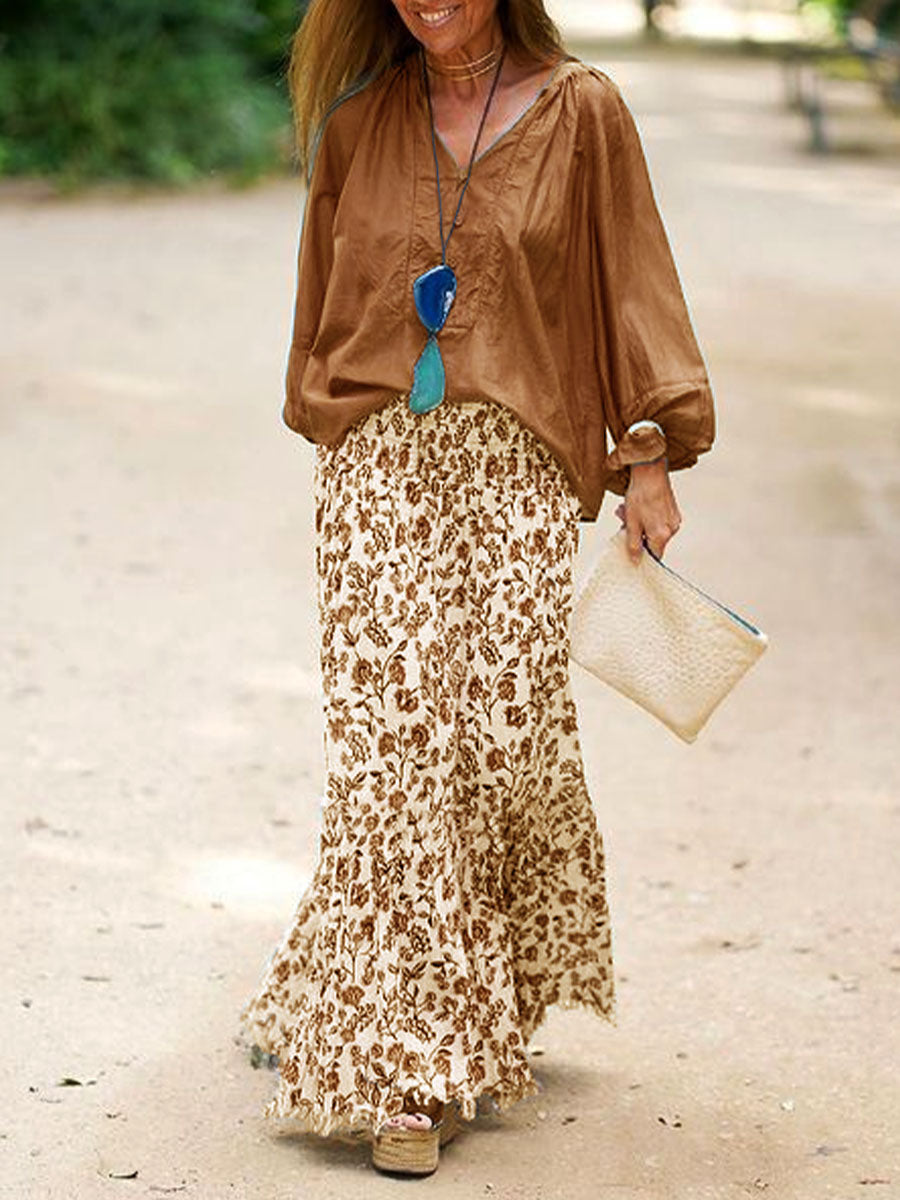 Casual Loose Plain Top And Floral Skirt Set