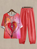 Linen Casual Women's Heart Print Two Pieces Set