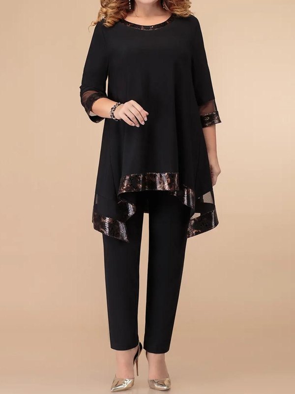 Round Neck Mesh Stitching Top And Trousers Suit
