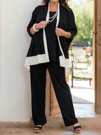 Casual Colorblock Cardigan And Pants Three-Piece Set