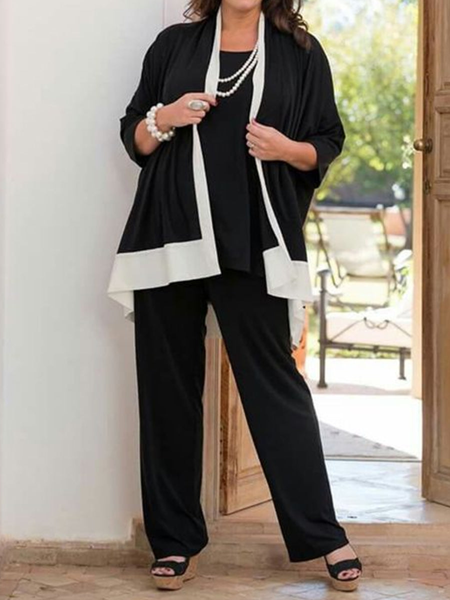 Casual Colorblock Cardigan And Pants Three-Piece Set