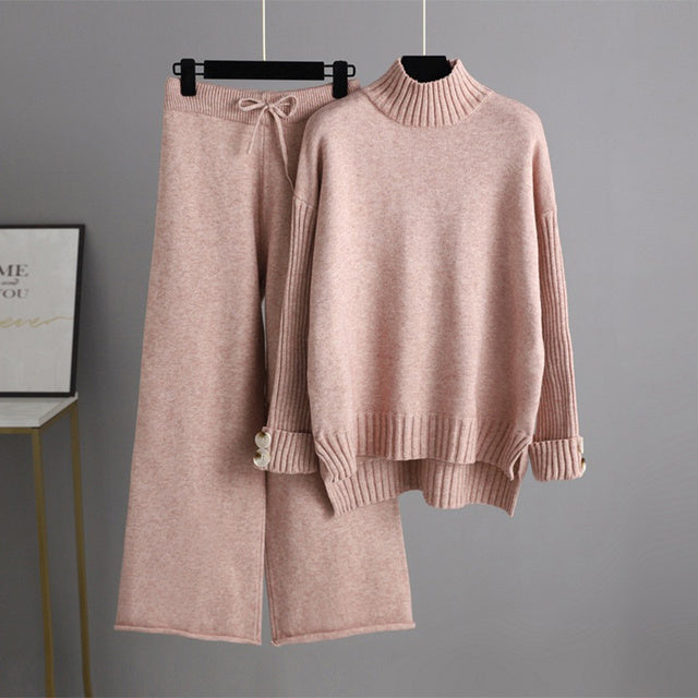 Knitted Women Casual Wide Leg Pants Two Piece Set Loose Button Design Pullover And Drawstring Trouser Ladies Suit Winter Fashion