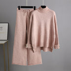 Knitted Women Casual Wide Leg Pants Two Piece Set Loose Button Design Pullover And Drawstring Trouser Ladies Suit Winter Fashion