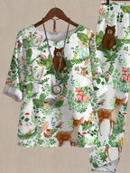 Cartoon Forest Animal Print Casual Two Piece Suits