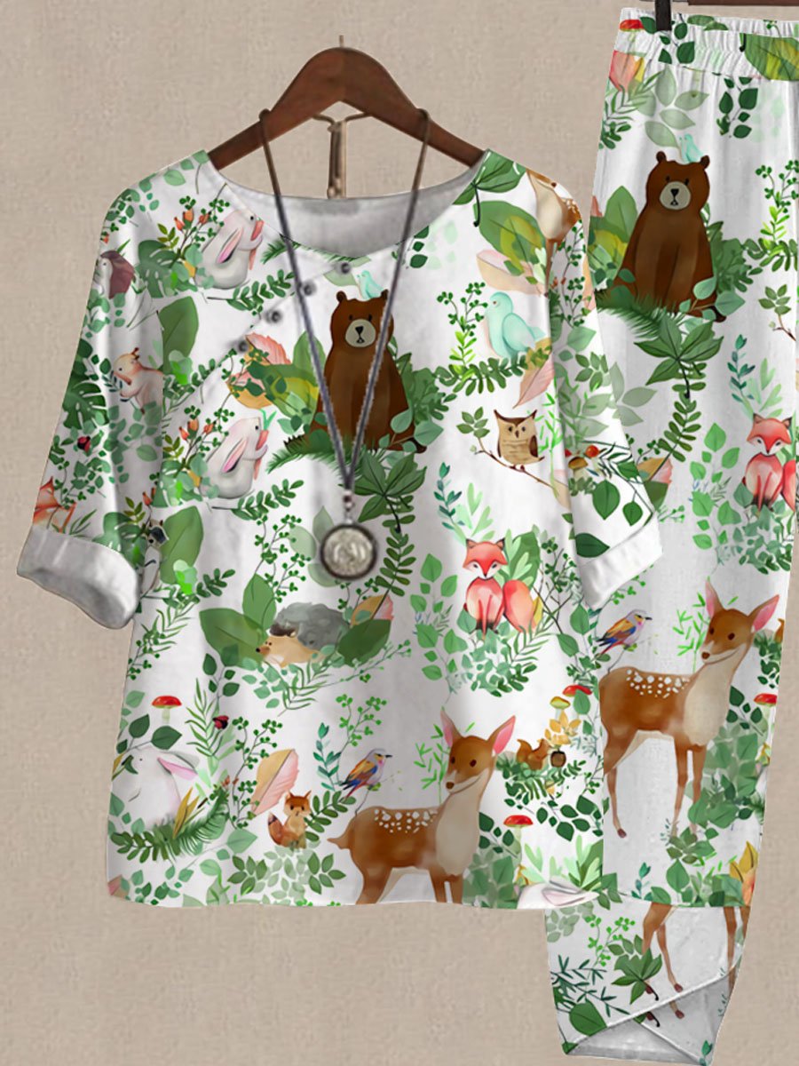 Cartoon Forest Animal Print Casual Two Piece Suits